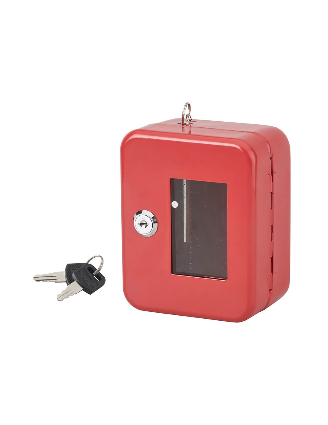 foto del prodotto cassetta per chiavi rossa con vetro e martelletto d 39 emergenza 152x118x80mm 2 chiavi, lockout tagout loto thirard