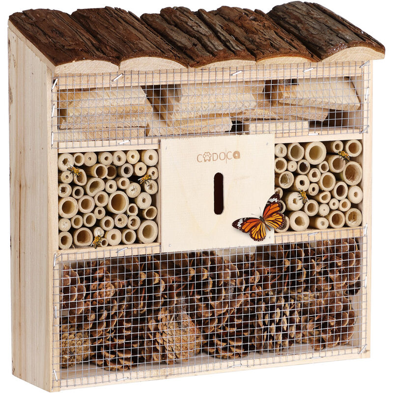 foto del prodotto cassetta per insetti in legno 31x31 nidificazione hotel insetti refugio api coccinelle api vespe griglia metalica cadoca