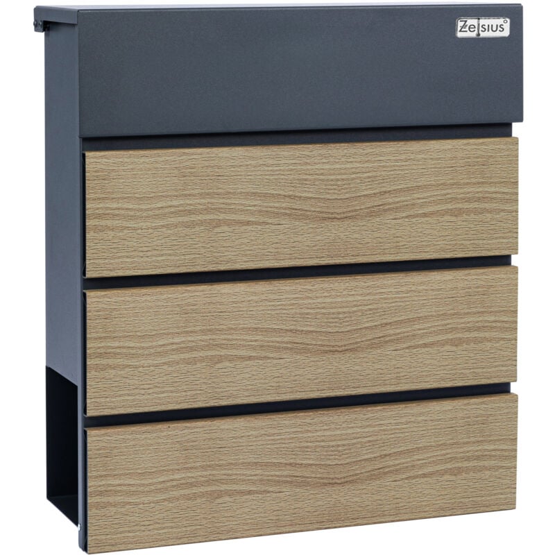foto del prodotto cassetta per le lettere zelsius wood con scomparto per giornali integrato effetto soft close ral7016 effetto legno antracite