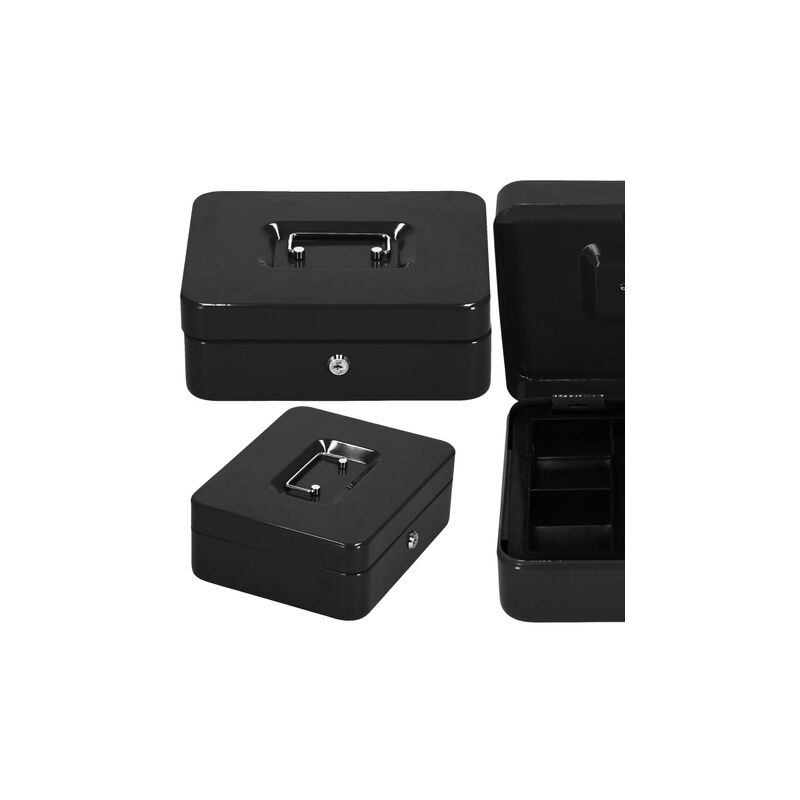 foto del prodotto cassetta per soldi in metallo 25x20x9 cm, cassaforte nera.