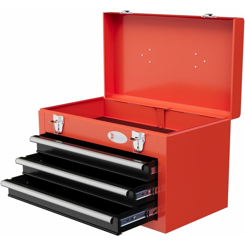 foto del prodotto cassetta porta attrezzi con 3 cassetti e vano superiore con maniglia 45x24x27 cm in acciaio rosso
