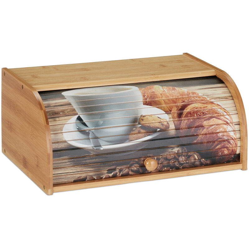foto del prodotto cassetta portapane in bamb , con coperchio decorato scorrevole, contenitore salva aroma, 17x40x27cm, naturale relaxdays
