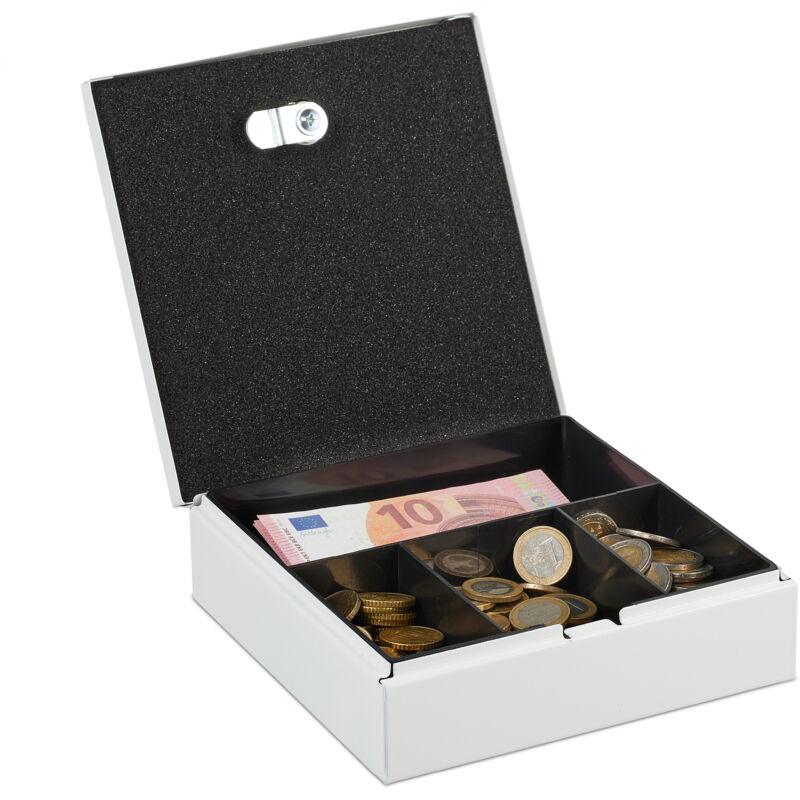 foto del prodotto cassetta portavalori 2 chiavi sicurezza, 4 scomparti porta soldi hlp 6 x 17 x 17,5 cm, in ferro, bianco - relaxdays
