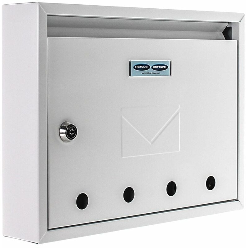 foto del prodotto cassetta postale imola bianca, in acciaio, con design moderno e compatto, 4 fori per ispezione e targhetta portanome, di colore bianco. - rottner