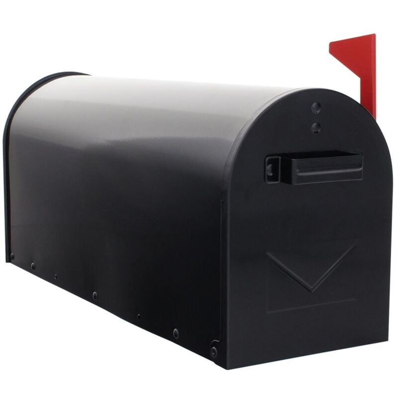 foto del prodotto cassetta postale in stile americano mailbox nera, in lamiera d acciaio, di grande capienza, con bandierina rossa pieghevole, montaggio con supporto