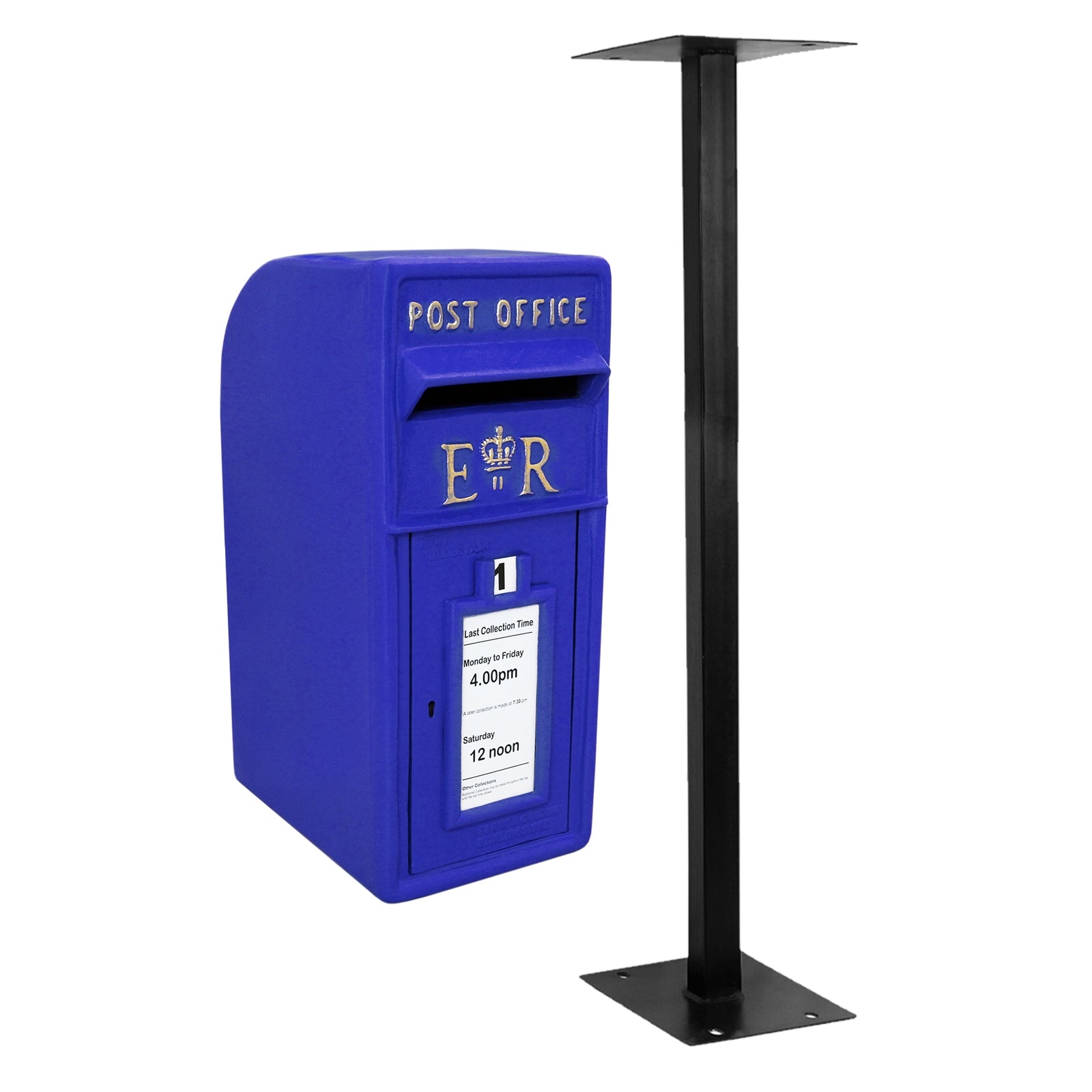 foto del prodotto cassetta postale per le lettere in stile britannico inglese in ghisa da esterno bocchetta lettere standard uk con piedistallo blu