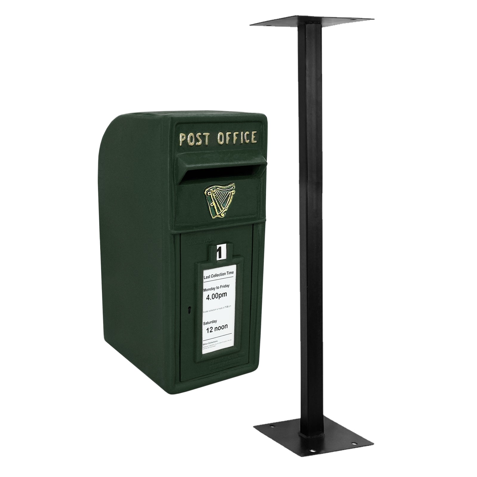foto del prodotto cassetta postale per le lettere in stile britannico inglese in ghisa da esterno bocchetta lettere standard uk con piedistallo verde