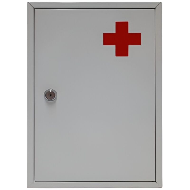 foto del prodotto cassetta pronto soccorso in metallo da appendere al muro con chiavi medica porta medicine contenitore organizzatore per medicinali cm 36x31x10