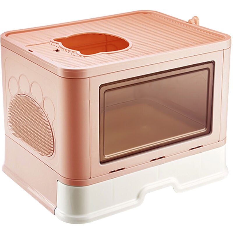foto del prodotto cassette per lettiera gatto chiusa, lettiera con paletta, lettiera con cappuccio e tavola massaggiante, doppia porta portatile pieghevole rosa
