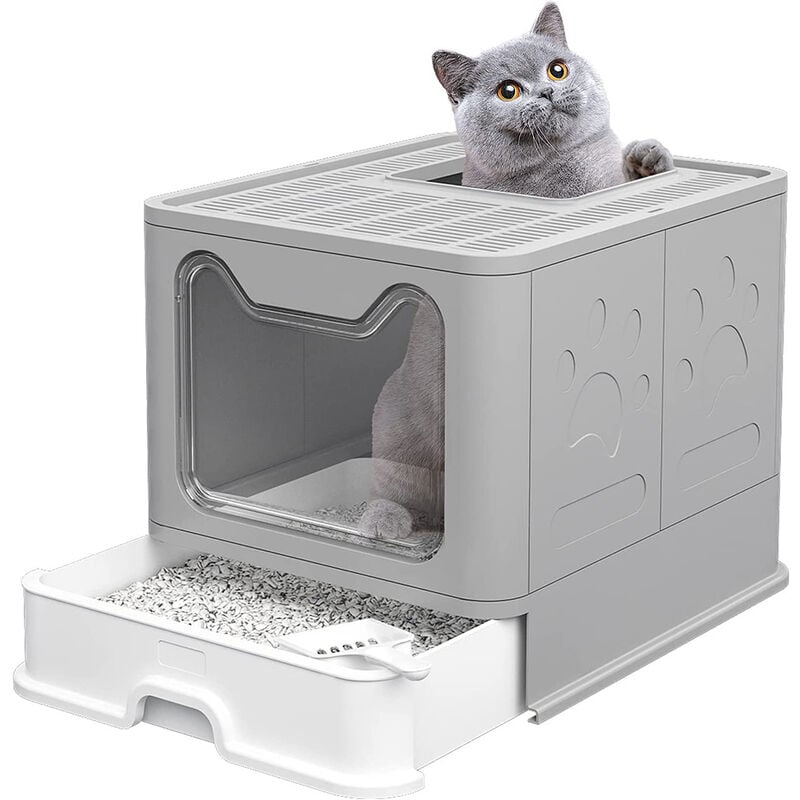 foto del prodotto cassette per lettiera gatto chiusa, toilette per gatti chiusa grande pieghevole con coperchio, lettiera chiusa per gatti lettiera per gatti con pala