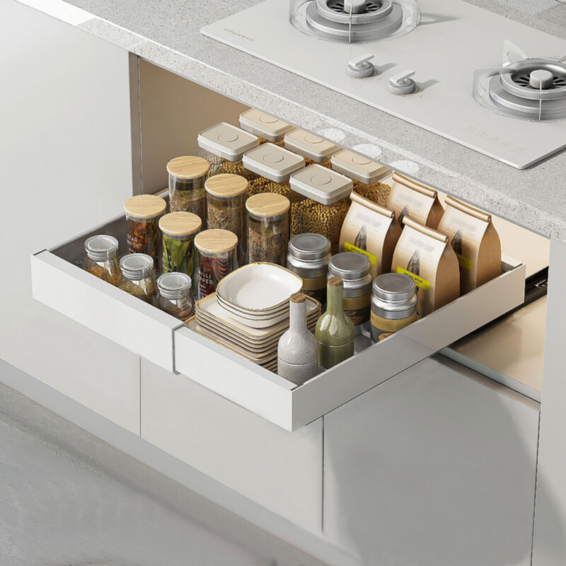 foto del prodotto cassetti estraibili per cucina, cassetti estraibili con adesivo, organizer per mobili da cucina per mobili da cucina, cassetto estraibile cucina,