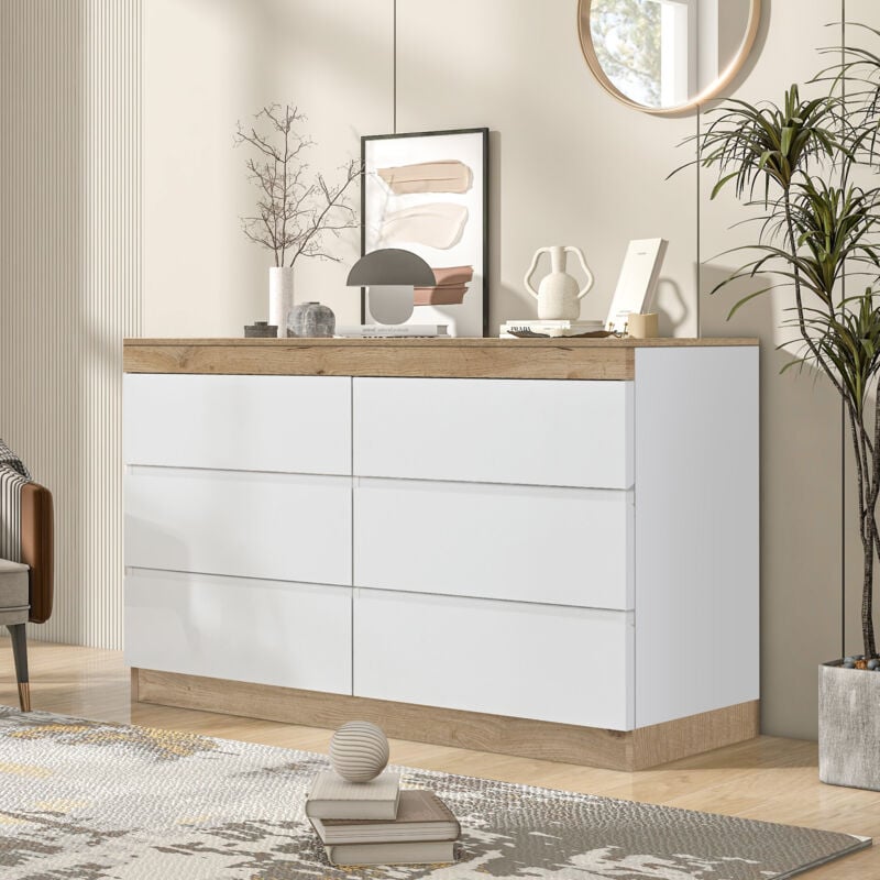foto del prodotto cassettiera 110x40x67,5cm con 6 cassetti, credenza, mobile contenitore, mobile bagno, soggiorno camera da letto pannello truciolare, bianco rovere
