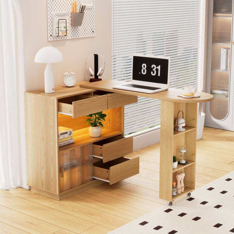 foto del prodotto cassettiera, 120,7x45x94,8 cm credenza buffet madie, con barra girevole, 4 cassetti, led, mdf, naturale