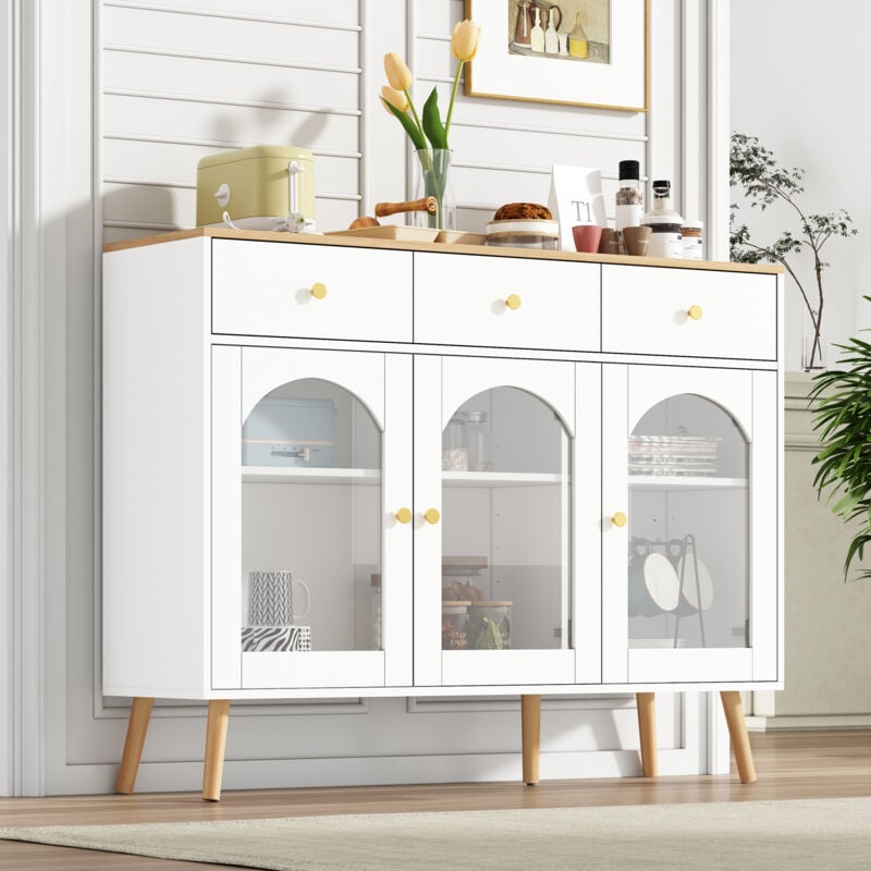 foto del prodotto cassettiera 120x34x94cm con 3 cassetti 3 ante in vetro montagna, credenza, mobile da cucina, truciolato, bianco