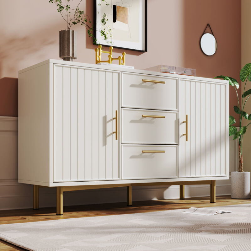 foto del prodotto cassettiera 120x40x75cm con 3 cassetti 2 ante, credenza, mobile cucina, ripiani regolabili, per soggiorno camera da letto, pannello truciolare, bianco