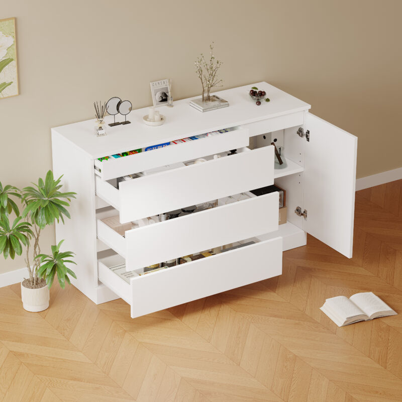 foto del prodotto cassettiera 120x40x75cm credenza buffet madie, mobile cucina, 4 cassetti 1 anta, mdf pannello truciolare, bianco