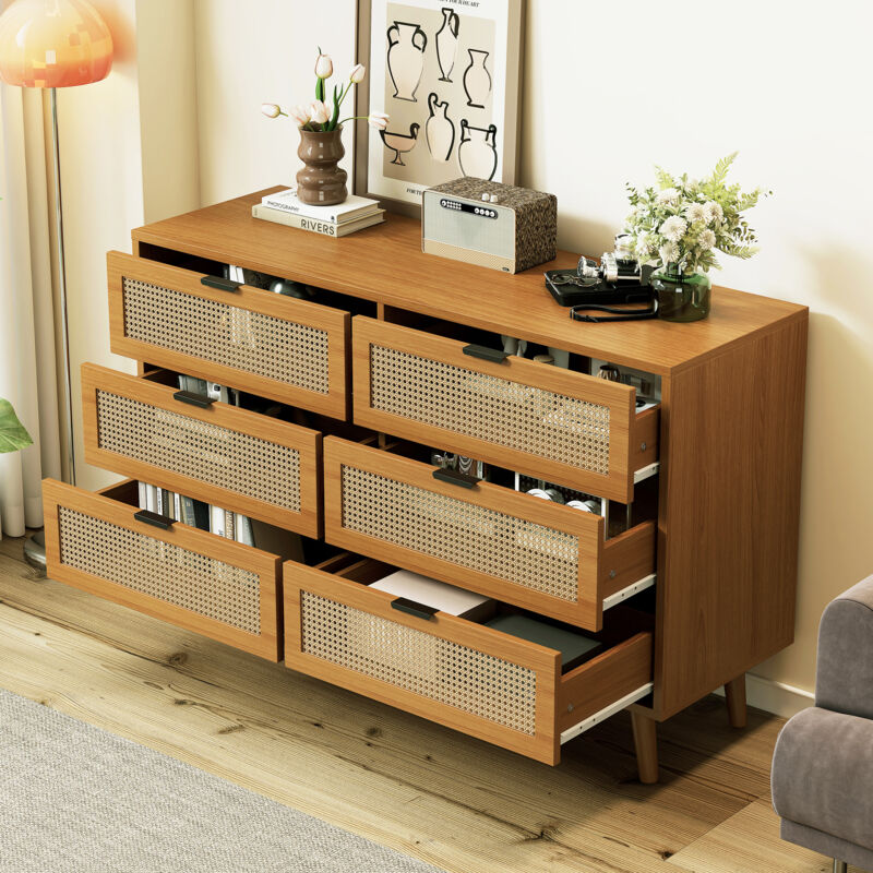foto del prodotto cassettiera 120x40x76.5 cm con 6 cassetti, credenza con maniglie in metallo, mobile contenitore multiuso, pannello truciolare, colore noce