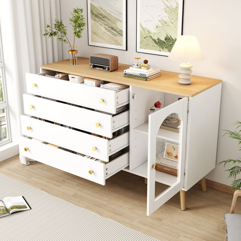 foto del prodotto cassettiera 120x40x77,5cm con 4 cassetti 1 anta, credenza, mobile da cucina, per soggiorno camera da letto, truciolato, bianco