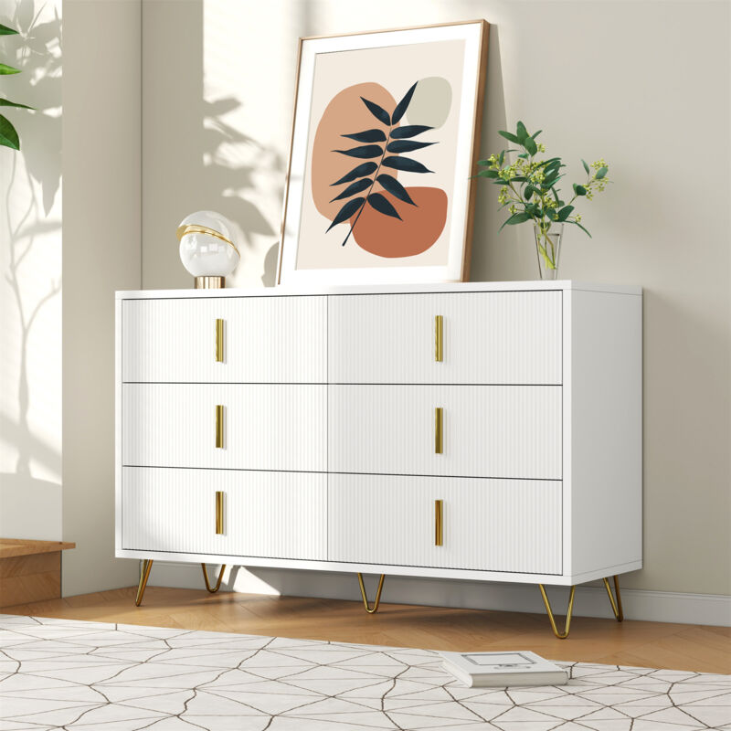 foto del prodotto cassettiera 120x40x77 cm con 6 cassetti, credenza, mobile da cucina, maniglie e gambe dorate, truciolare, bianco