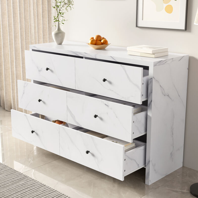 foto del prodotto cassettiera 120x40x80cm con 6 cassetti, credenza buffet madie, mobile cucina, effetto marmo, pannello truciolare, bianco