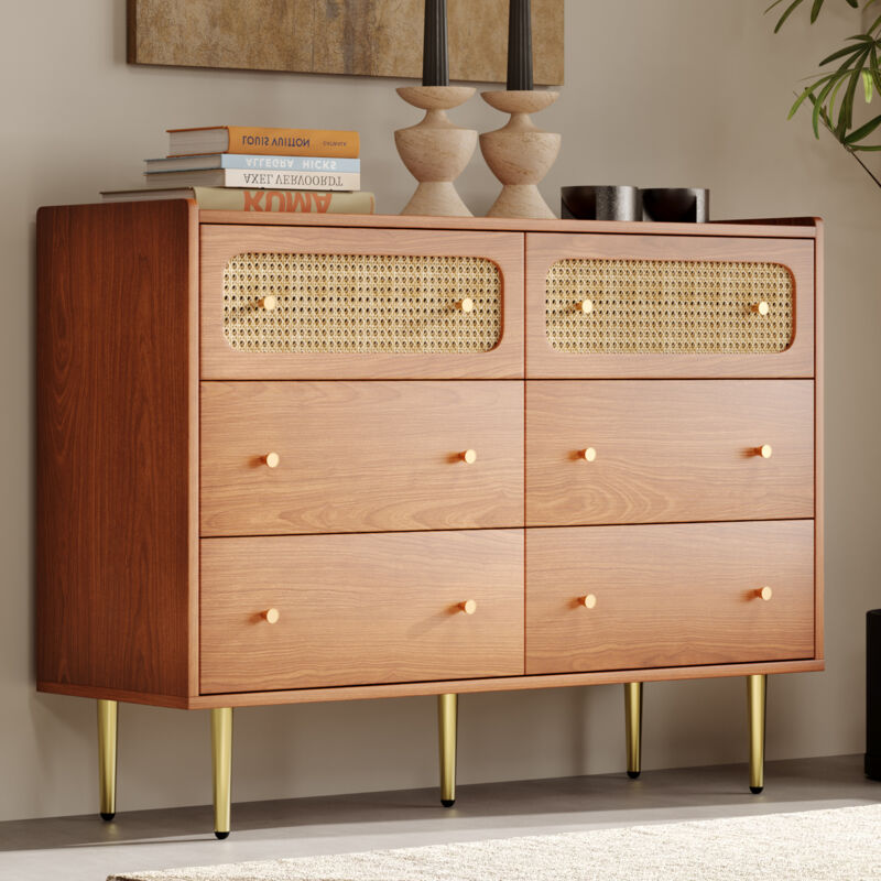 foto del prodotto cassettiera 120x40x90cm con 6 cassetti, credenza, mobile da cucina, legno metallo, marrone