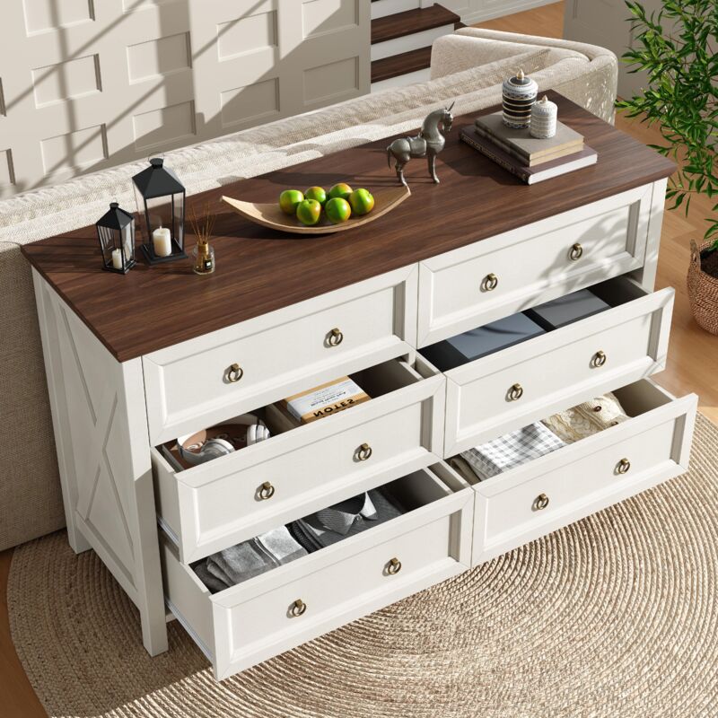 foto del prodotto cassettiera 137x40x79.5 cm, mobile cucina, credenza buffet madie, maniglie in alluminio, mdf, beige marrone, 6 cassetti