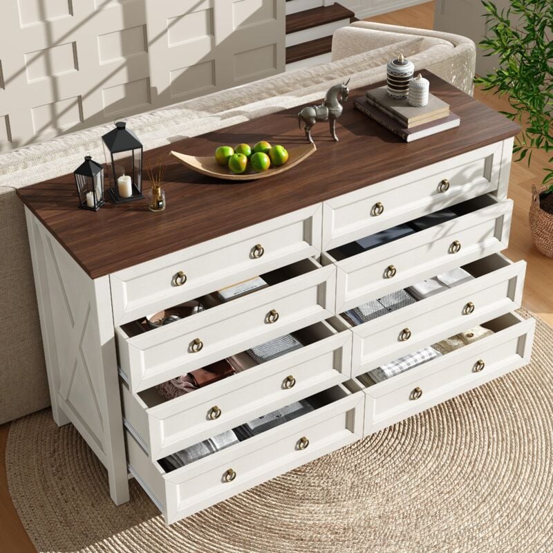 foto del prodotto cassettiera 137x40x79.5 cm, mobile cucina, credenza buffet madie, maniglie in alluminio, mdf, beige marrone, 8 cassetti