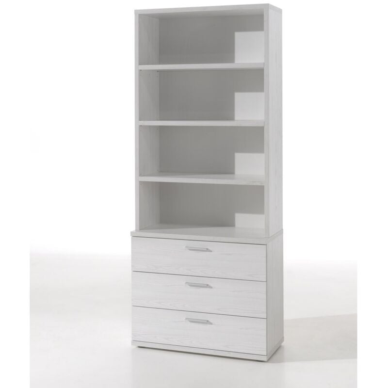 foto del prodotto cassettiera 3 cassetti con modulo 3 scaffali colore bianco effetto legno collezione olvena