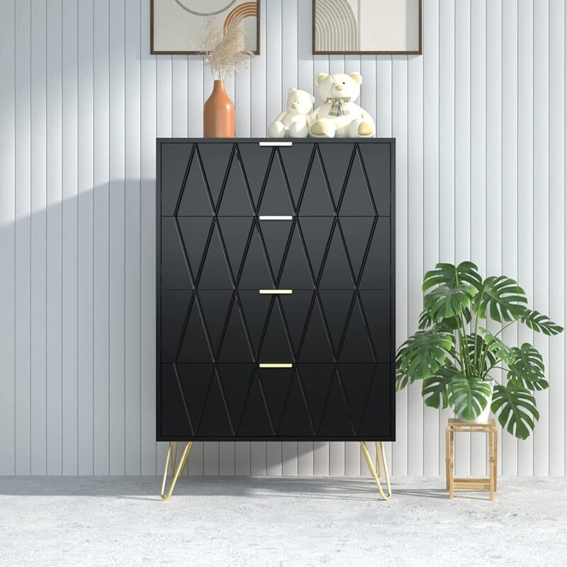 foto del prodotto cassettiera 4 cassetti, como camera da letto in legno, maniglie e gambe dorate, mobile per soggiorno, 34p x 60l x 91h cm, nero uev
