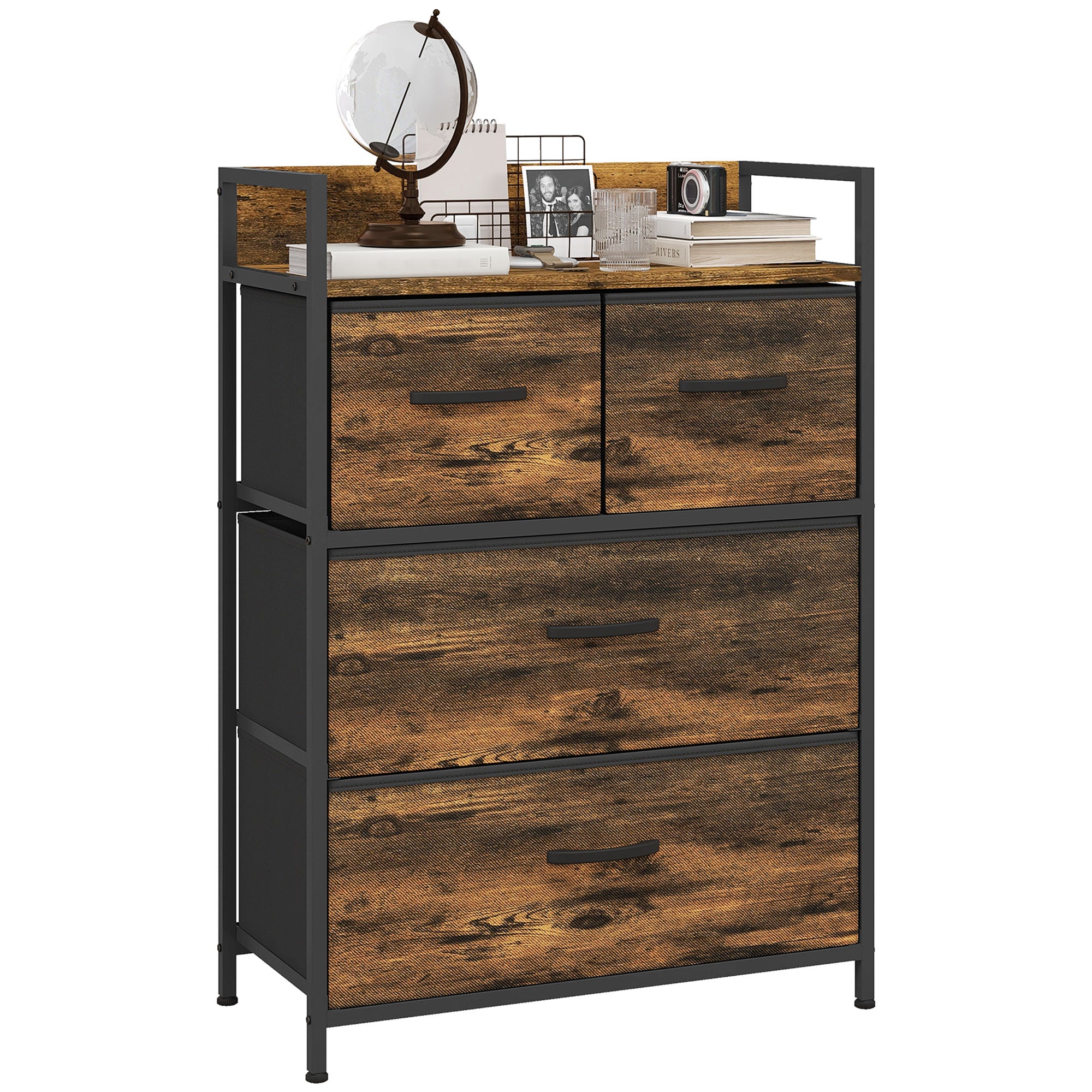 foto del prodotto cassettiera 4 cassetti design industriale 60x29x85 cm in acciaio legno e tessuto marrone e nero