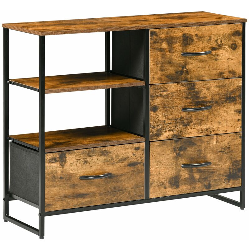 foto del prodotto cassettiera 4 cassetti in tessuto pieghevole e 2 ripiani 84x30x71,5 cm in stile industriale marrone