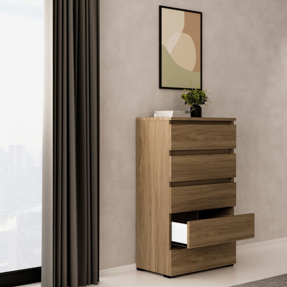 foto del prodotto cassettiera 5 cassetti 75x40x127 montata colore noce naturale