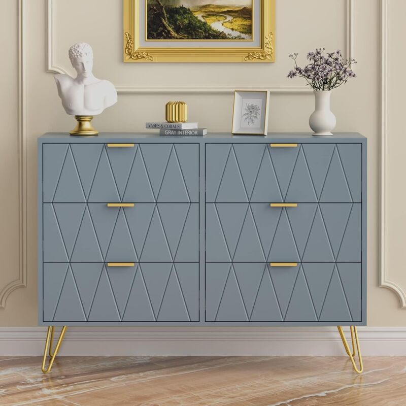 foto del prodotto cassettiera 6 cassetti, com in legno, mobile cassettiera salvaspazio per camera da letto, soggiorno, 100 x 34 x 73cm, blu grigio uev