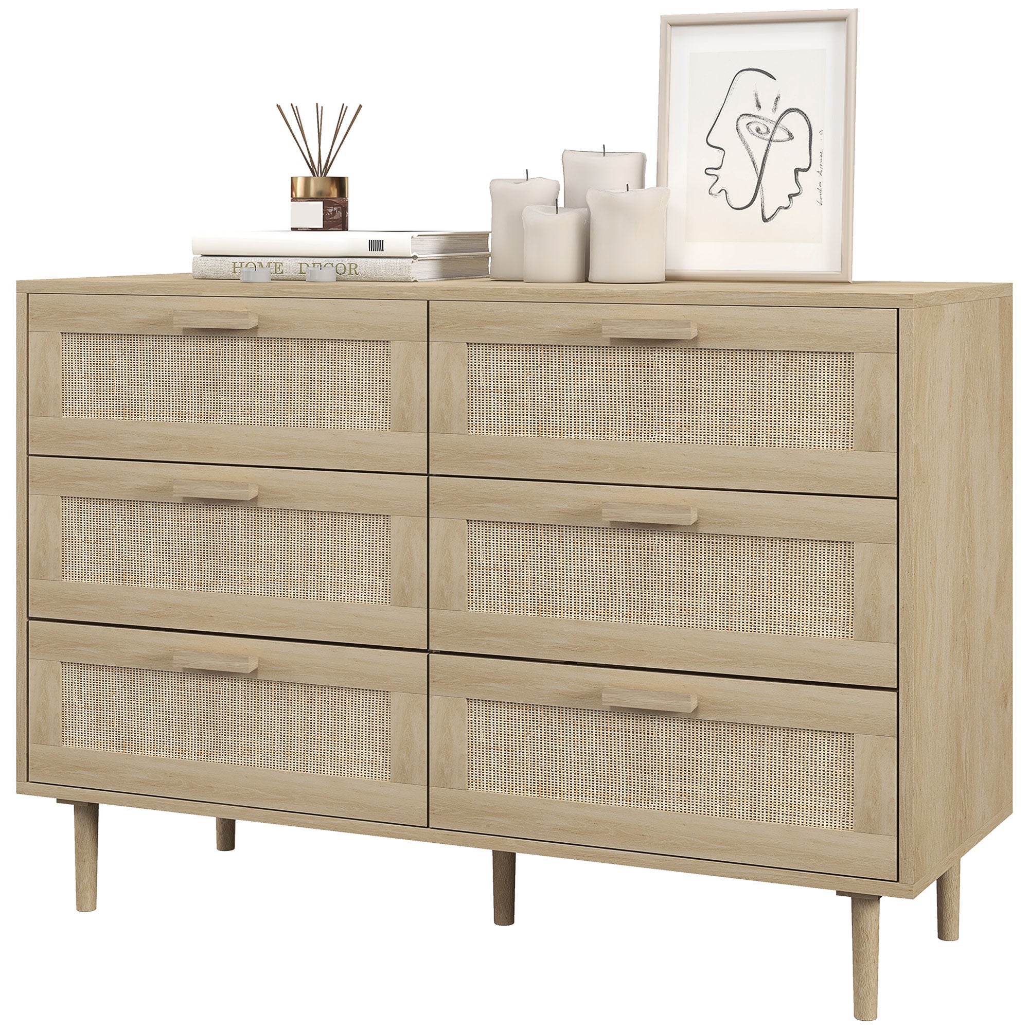 foto del prodotto cassettiera 6 cassetti stile boho per soggiorno e camera da letto 110x40x75 cm in legno e rattan naturale