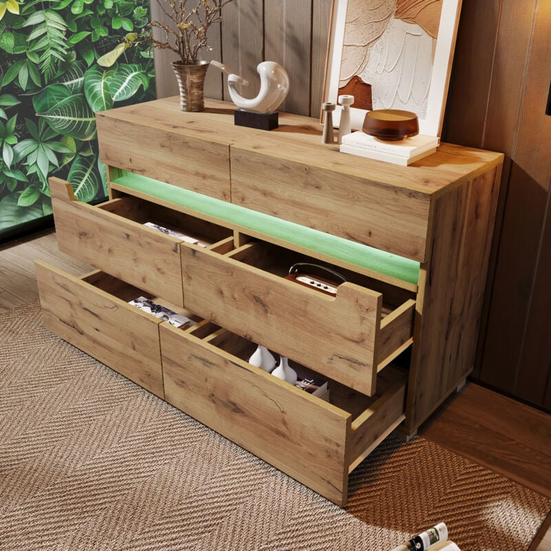 foto del prodotto cassettiera 71x120x40 cm con 6 cassetti, credenza buffet, mobile cucina, led, naturale