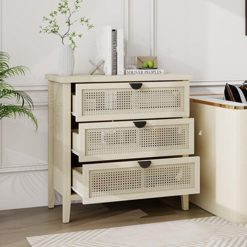 foto del prodotto cassettiera 80x40x80,4cm con 3 cassetti, design rattan, adatta per camera da letto soggiorno studio, pannello truciolare, naturale