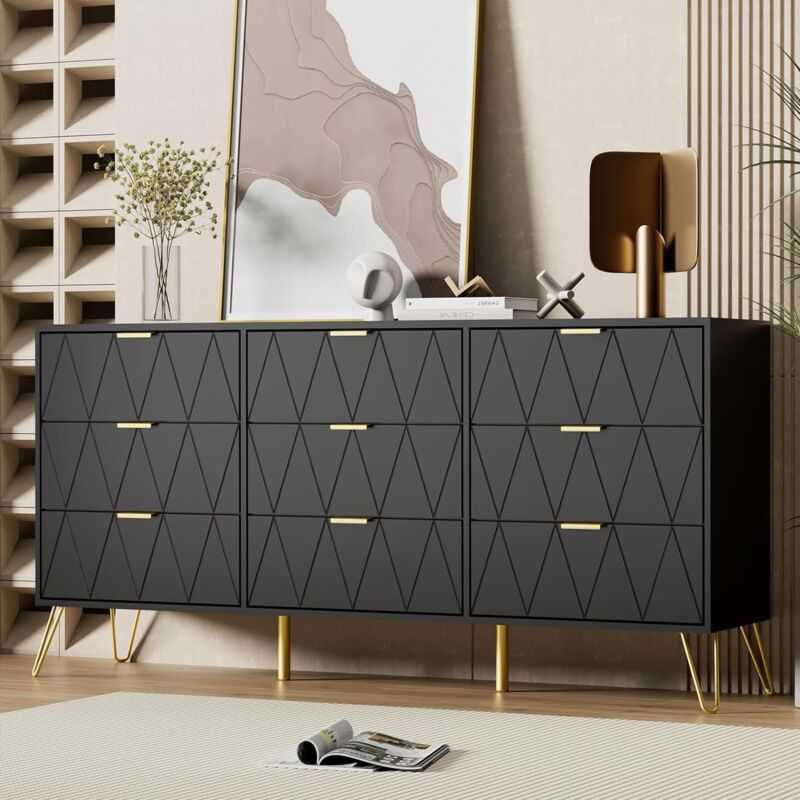 foto del prodotto cassettiera 9 cassetti, 150 x 34 x 74 cm, como camera da letto in legno, mobile con cassetti, credenza moderna per tv, soggiorno, corridoio, cucina,