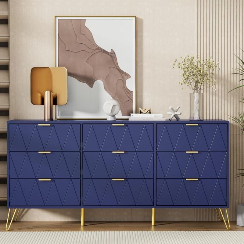 foto del prodotto cassettiera 9 cassetti, 150 x 34 x 74 cm, como camera da letto in legno, mobile con cassetti, credenza moderna per tv, soggiorno, corridoio, cucina,
