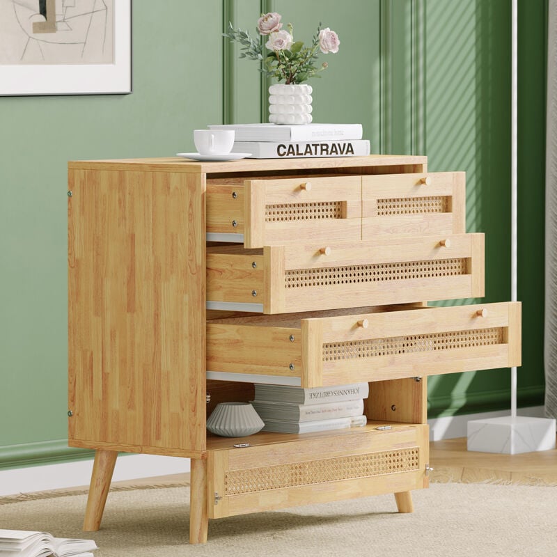 foto del prodotto cassettiera a 3 cassetti, cassettiera da camera con coperchio basso incernierato, maniglia in metallo dorato e gambe in legno, naturale