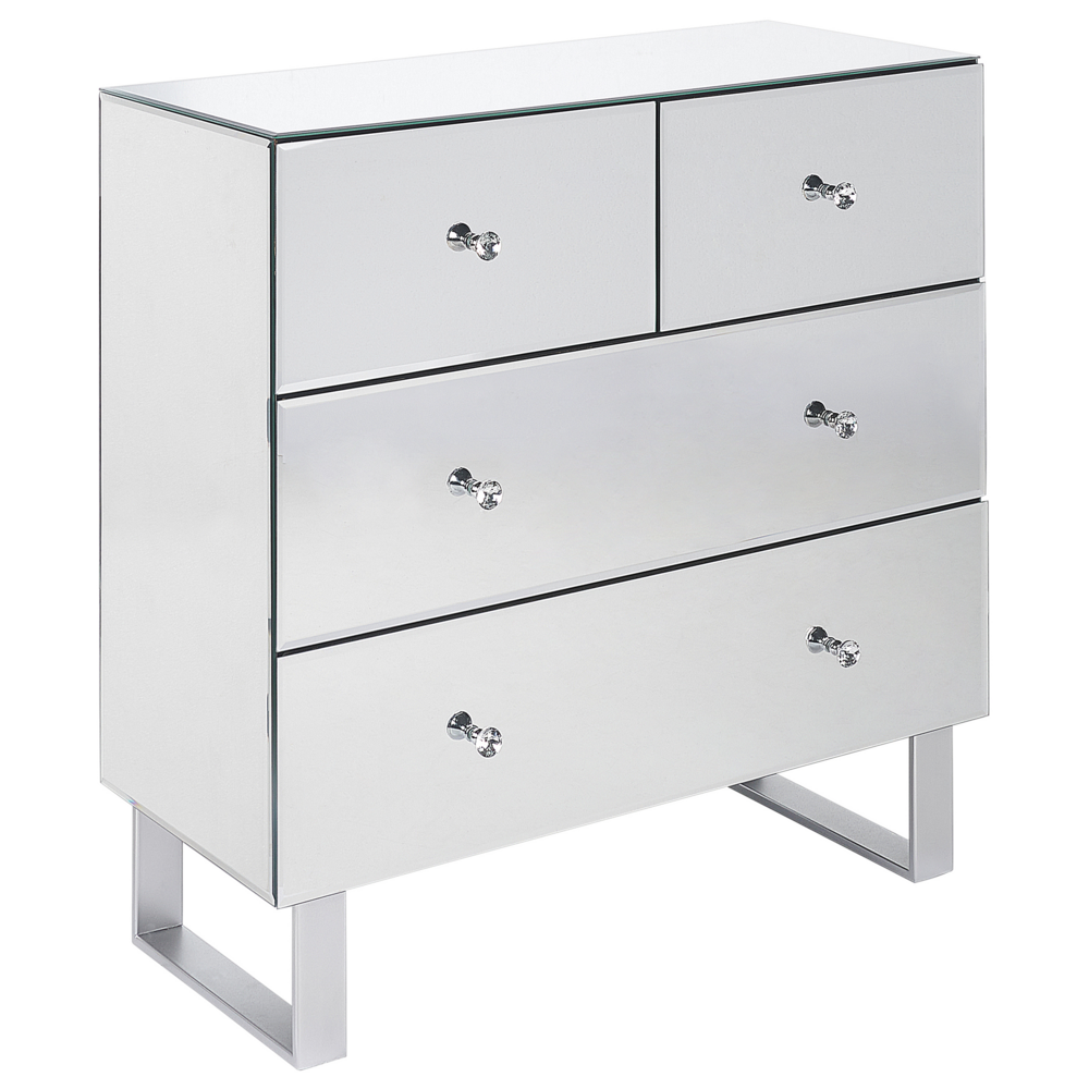 foto del prodotto cassettiera a 4 cassetti in vetro argentato specchiato con pomello in cristallo finto, credenza a slitta in metallo glam