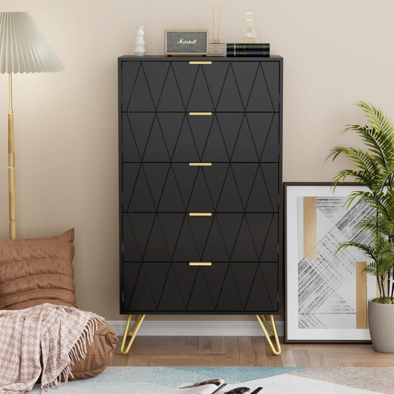 foto del prodotto cassettiera a 5 cassetti, 60 x 34 x 110 cm, cassettiera moderna, credenza con cassetti, cassettiera stretta per soggiorno, camera da letto,