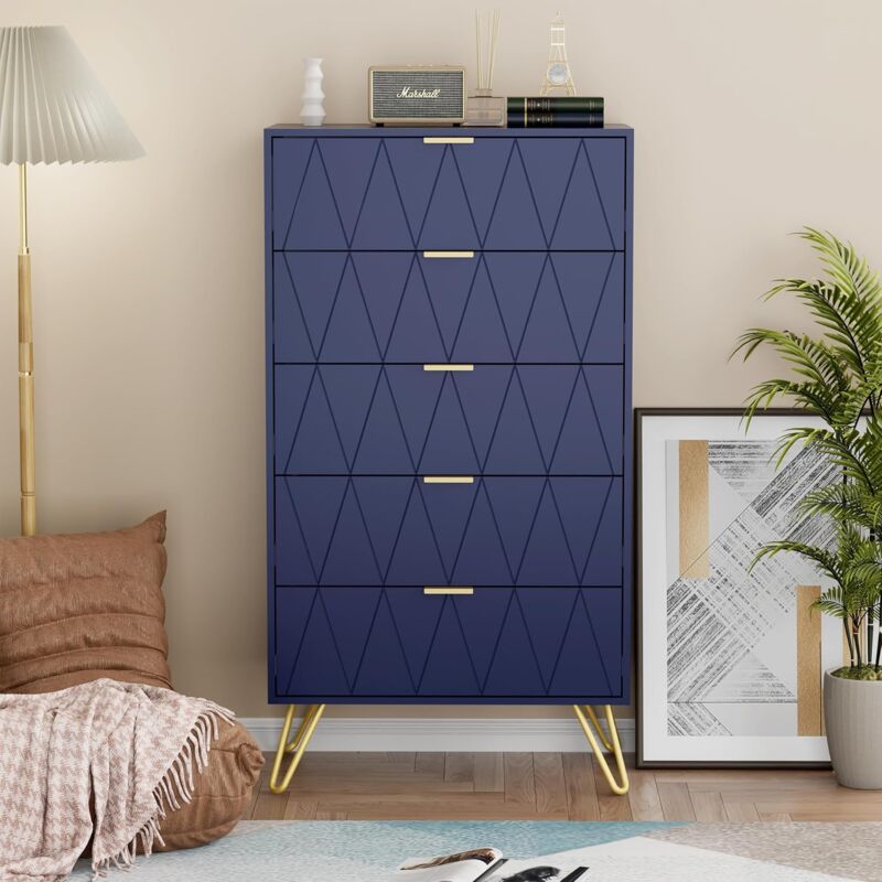 foto del prodotto cassettiera a 5 cassetti, 60 x 34 x 110 cm, cassettiera moderna, credenza con cassetti, cassettiera stretta per soggiorno, camera da letto,