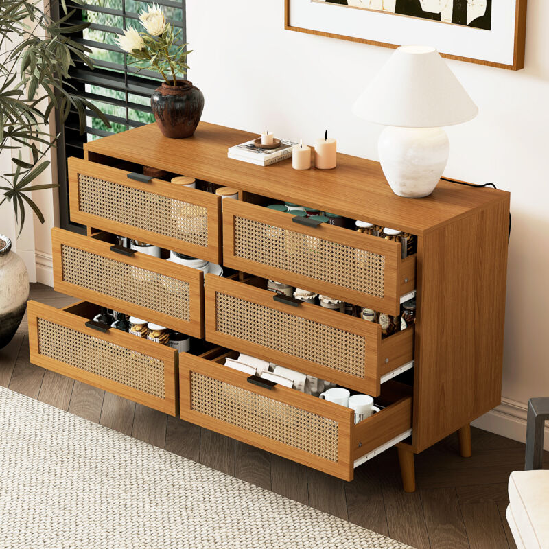foto del prodotto cassettiera a 6 cassetti, credenza con cassetti in legno, cassettiera con maniglie in metallo, per camera da letto, soggiorno, ufficio, credenza alta