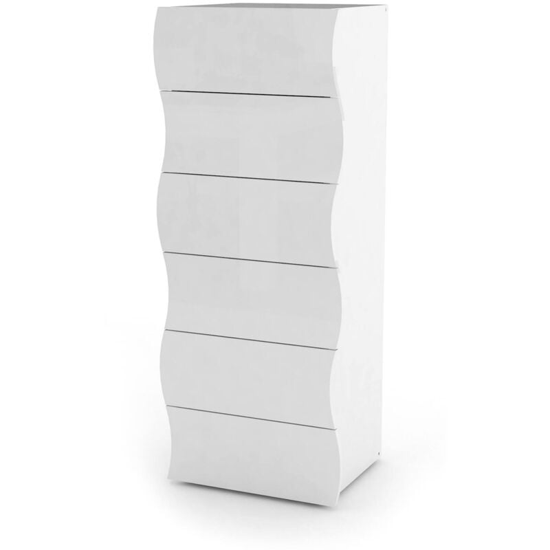 foto del prodotto cassettiera a 6 cassetti, made in italy, design moderno, settimanale per camera da letto, cm 50x40h122, colore bianco lucido, con imballo rinforzato