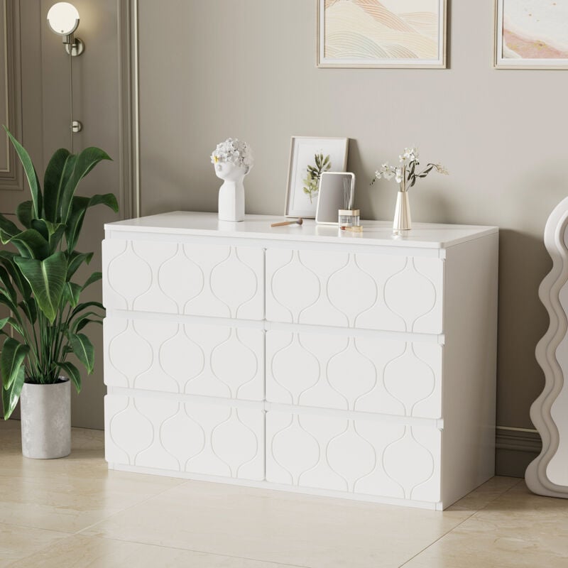 foto del prodotto cassettiera a 6 cassetti, mobile da ingresso, motivo ondulato, laccato, design angolare antiurto, per soggiorno camera da letto 110x40x72cm, bianco