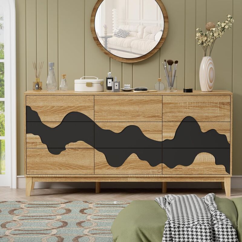 foto del prodotto cassettiera a 9 cassetti, credenza con motivo ondulato, mobile armadietto con cassetti portaoggetti, per camera da letto, soggiorno, corridoio, 160 x