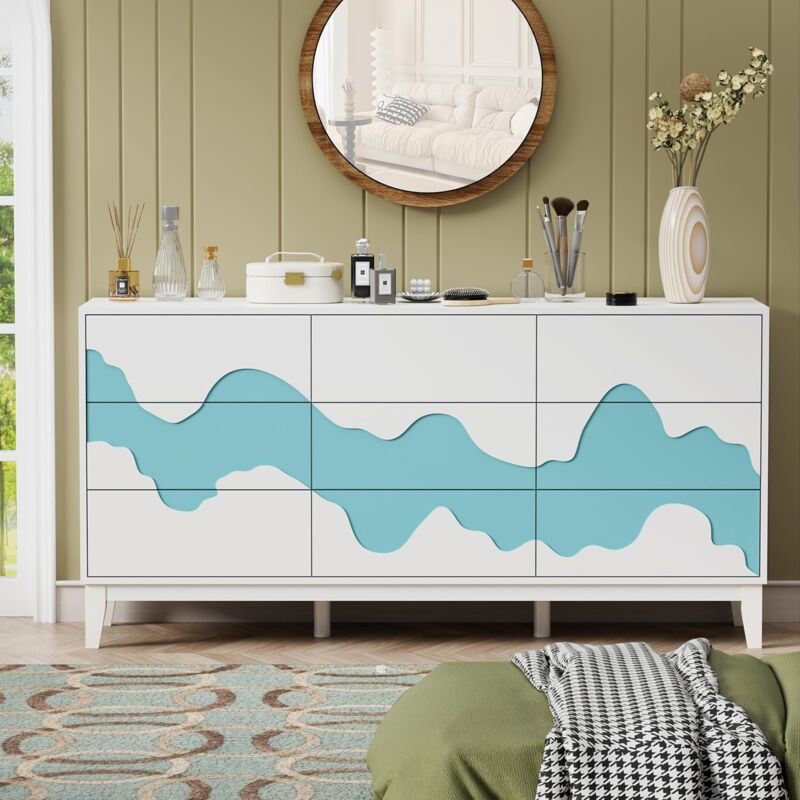 foto del prodotto cassettiera a 9 cassetti, credenza con motivo ondulato, mobile con cassetti portaoggetti, mobiletto per camera da letto, soggiorno, corridoio, 160 x