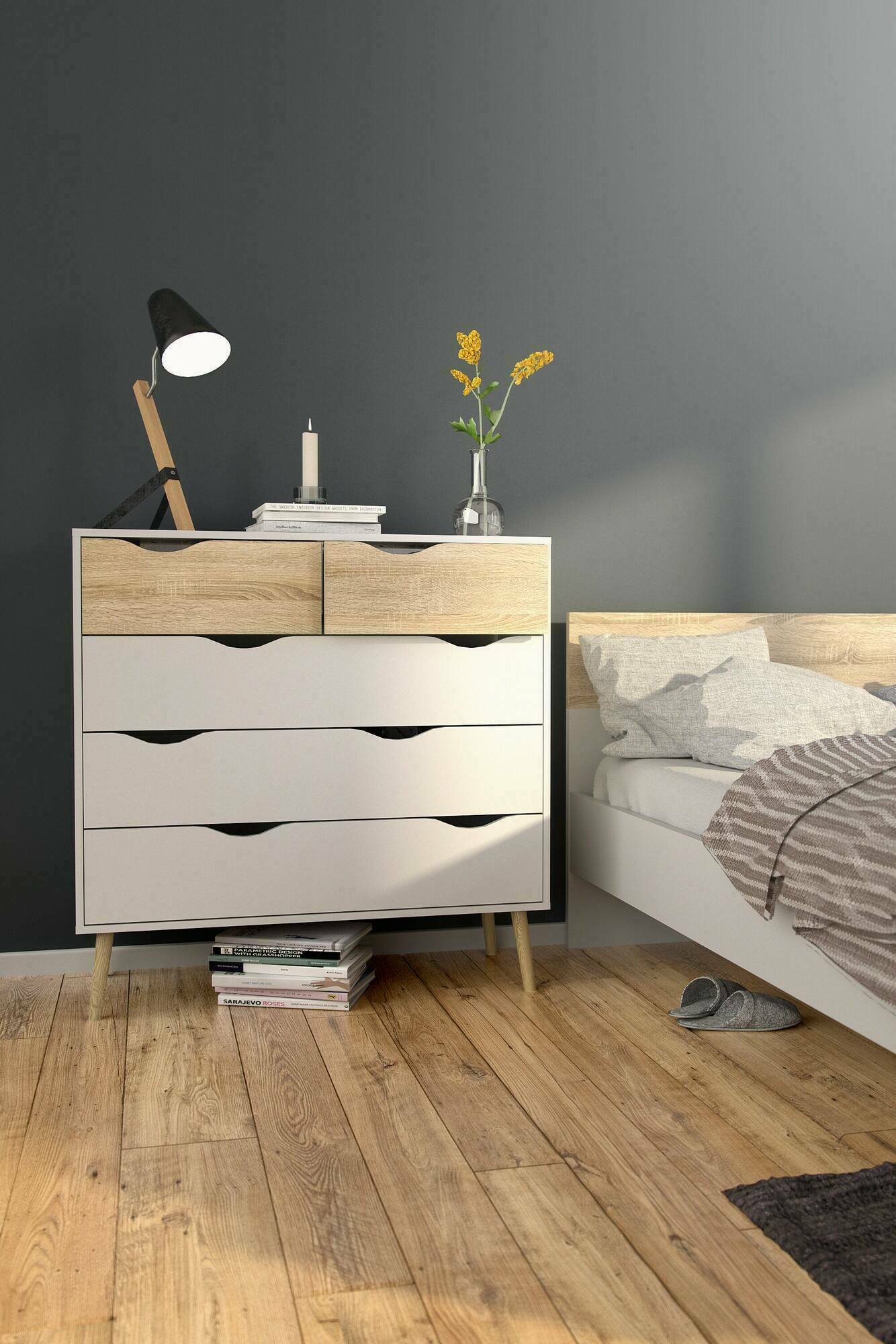 foto del prodotto cassettiera a cinque aurelio, colore bianco e rovere, misure 98 x 100 x 39 cm