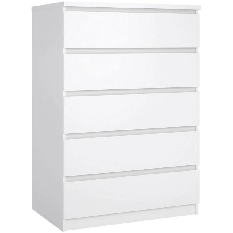 foto del prodotto cassettiera a cinque cassetti, colore bianco lucido, misure 77 x 113 x 50 cm, con imballo rinforzato dmora
