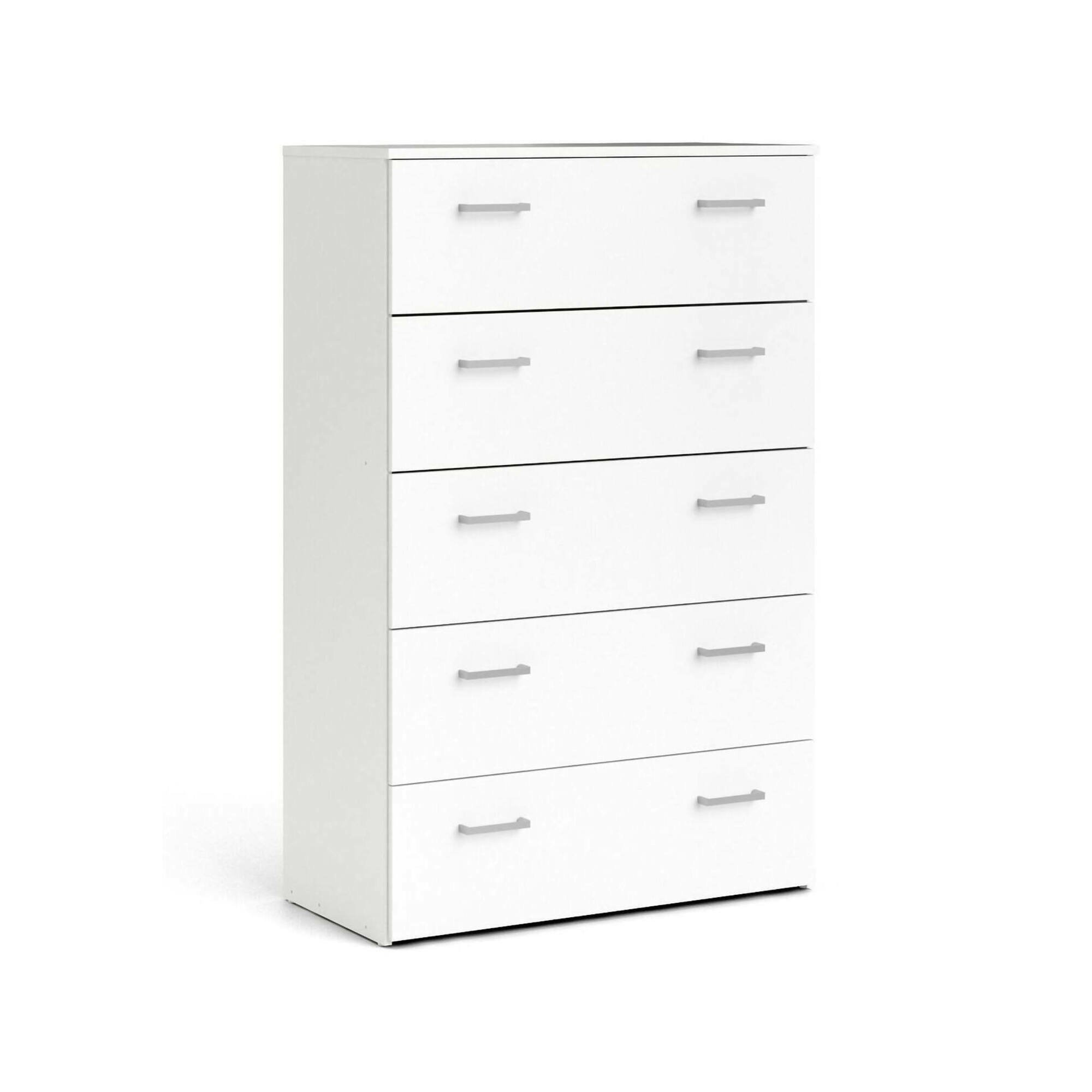 foto del prodotto cassettiera a cinque cassetti con maniglie, colore bianco, misure 74 x 114 x 36 cm